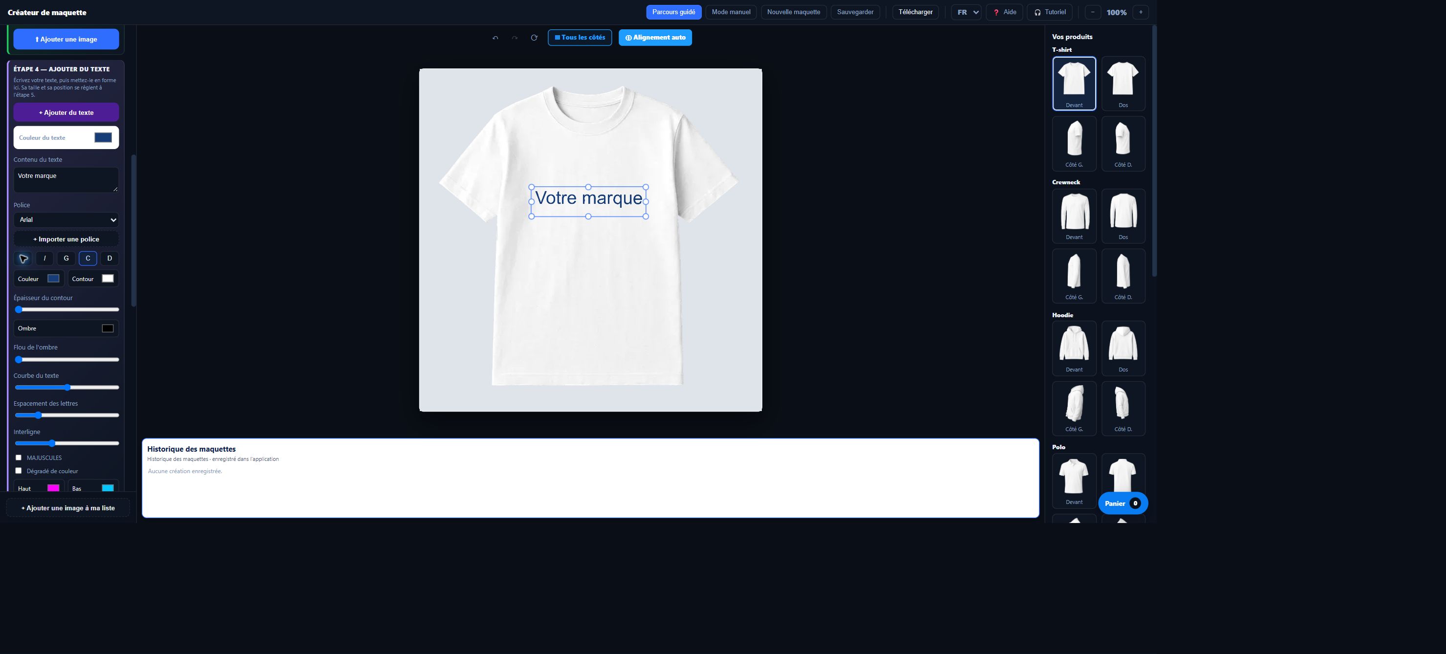 Capture réelle de buildersheetpro Maquette : t-shirt personnalisé, réglages du texte et choix des produits
