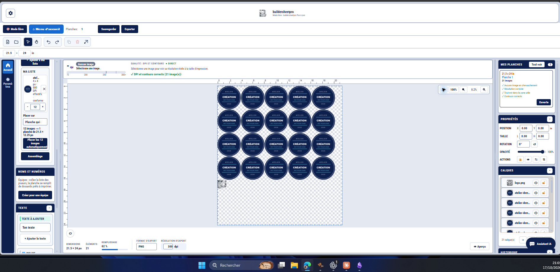Capture réelle de buildersheetpro en mode libre avec une planche assemblée, les contrôles DPI et les outils de production